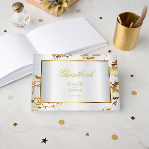 Elegant Gold Marble and White Satin Guestbook