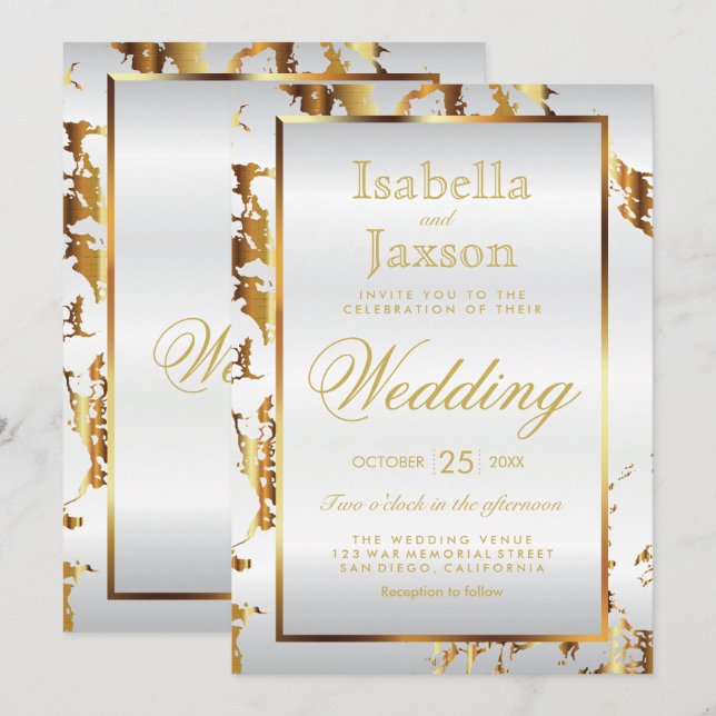 Elegant Gold Marble and White Satin Invitation (Front/Back)