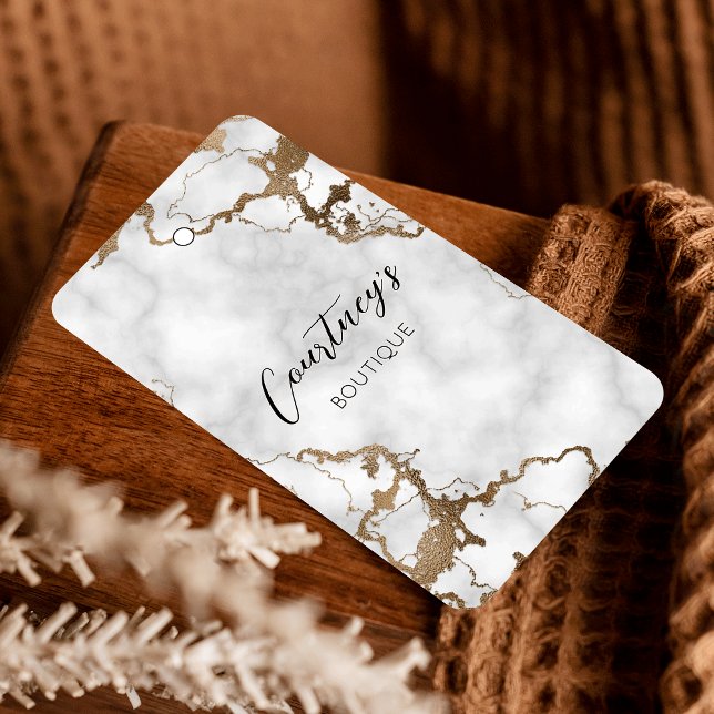 Elegant Gold Marble Clothing Hang Tag Price Label (Elegant black marble and faux gold product hang tags with price and size table on the back)
