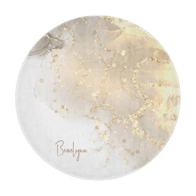 Elegant Gold Marble Glitter Name Cutting Board (Front)