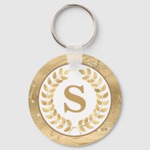 Elegant Gold Marble & Laurel Wreath Personalized Keychain