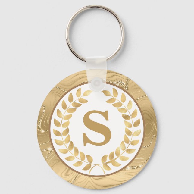 Elegant Gold Marble & Laurel Wreath Personalized Keychain (Front)