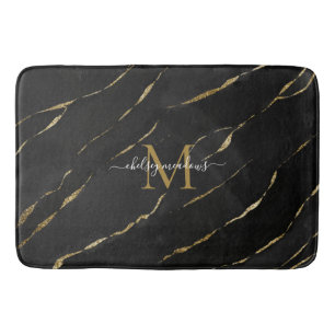 Elegant Gold Marble Monogram Calligraphy Script Bath Mat