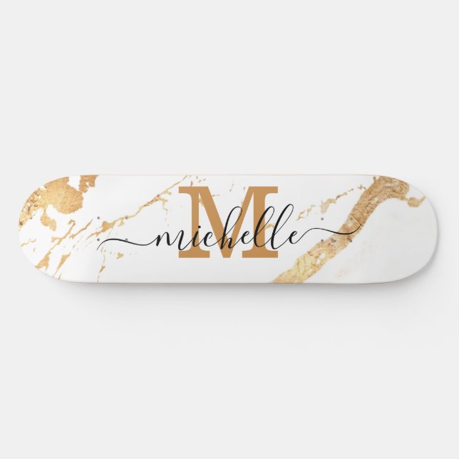 Elegant Gold Marble Monogram Script Skateboard (Horz)