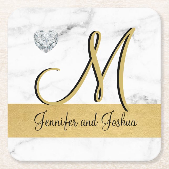 Elegant gold marble wedding gift favours - Monogra Square Paper Coaster (Front)