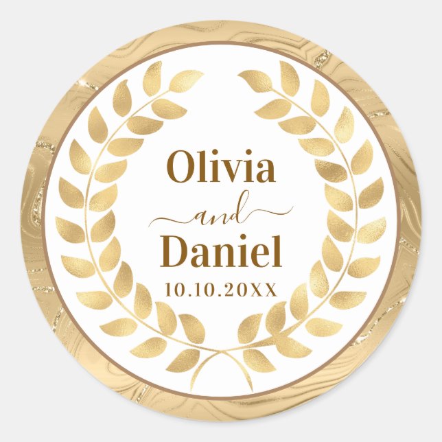 Elegant Gold Marble & Wreath Personalized Wedding Classic Round Sticker (Front)