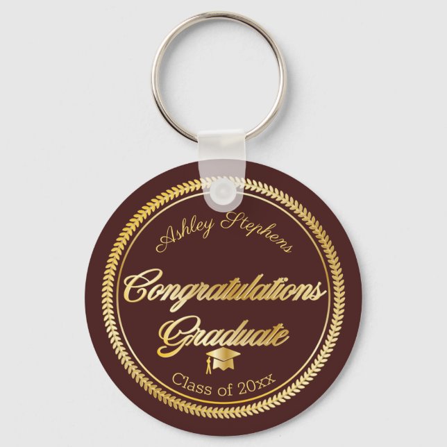 Elegant Gold | Maroon Grad Cap Class Year Keychain (Front)