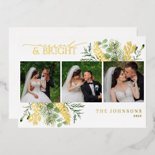 Elegant Gold Married & Bright Botanical Photo Foil Holiday Card