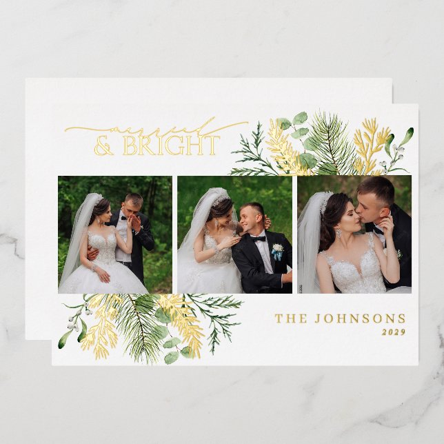 Elegant Gold Married & Bright Botanical Photo Foil Holiday Card (Front/Back)