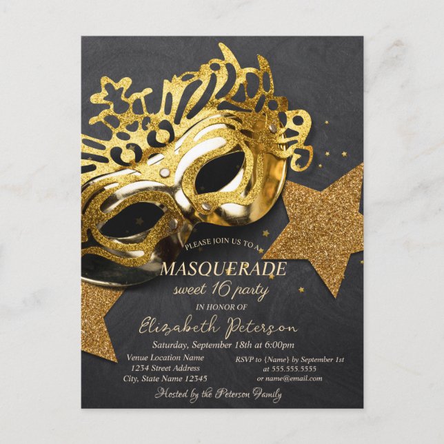 Elegant Gold Masque Stars Sweet 16 Invitation Postcard (Front)