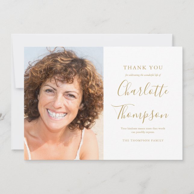 Elegant Gold Memorial Funeral Photo Thank You Card (Front)