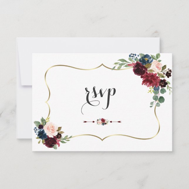 Elegant Gold Merlot Navy Blue Floral Wedding RSVP Card (Front)