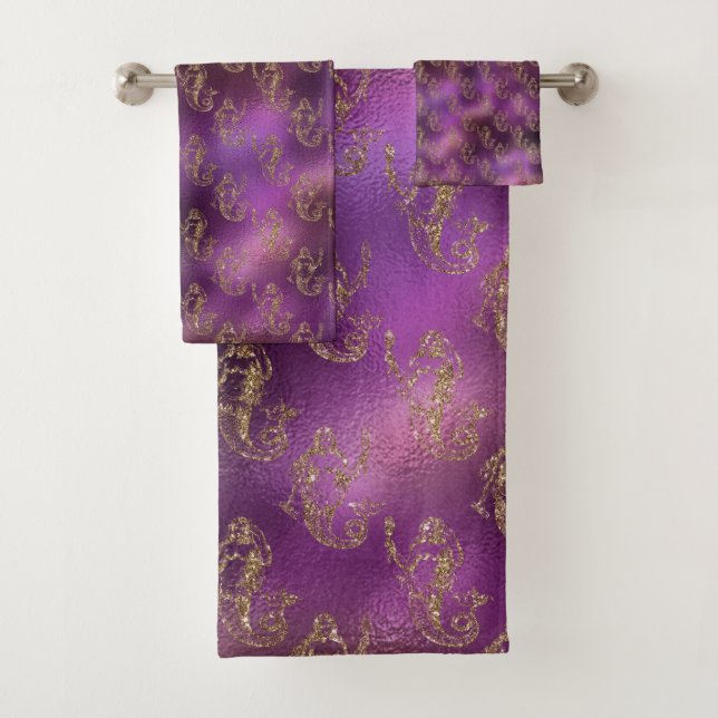 Elegant Gold Mermaid Pattern Purple Metallic Bath Towel Set (Insitu)