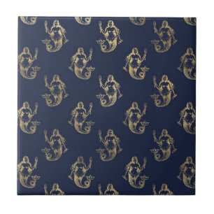 Elegant Gold Mermaid Seamless Pattern Navy Blue Tile