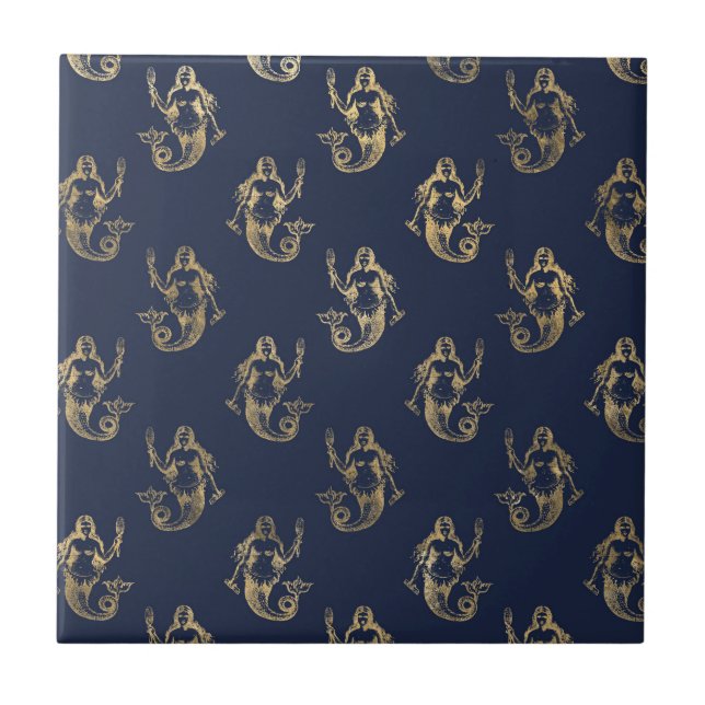 Elegant Gold Mermaid Seamless Pattern Navy Blue Tile (Front)