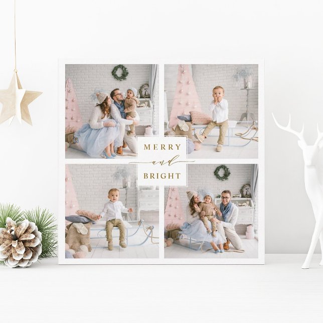 Elegant Gold Merry & Bright 4 Photo Holiday Card (Creator Uploaded)