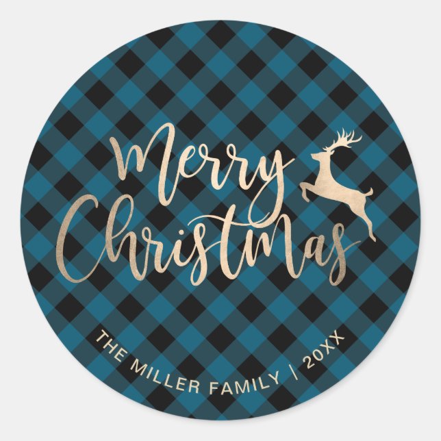 Elegant Gold Merry Christmas Black & Blue Plaid Classic Round Sticker (Front)