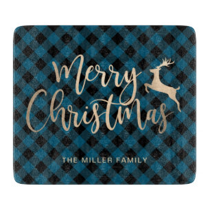 Elegant Gold Merry Christmas Black & Blue Plaid Cutting Board