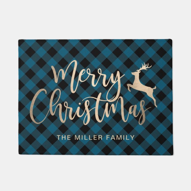 Elegant Gold Merry Christmas Black & Blue Plaid Doormat (Front)
