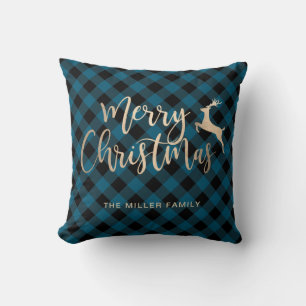 Elegant Gold Merry Christmas Black & Blue Plaid Throw Pillow