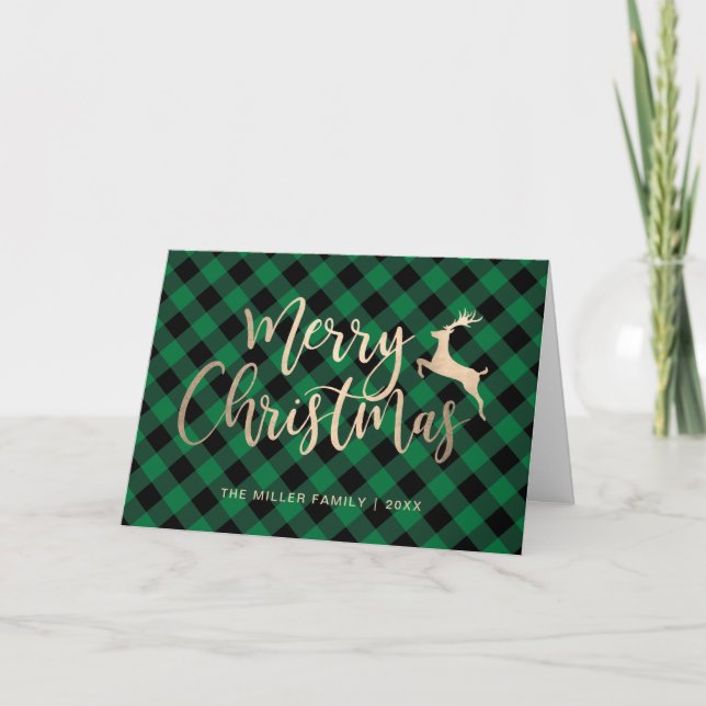 Elegant Gold Merry Christmas Black & Green Plaid Card (Front)