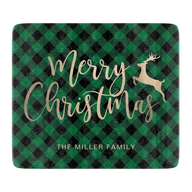 Elegant Gold Merry Christmas Black & Green Plaid Cutting Board (Front)