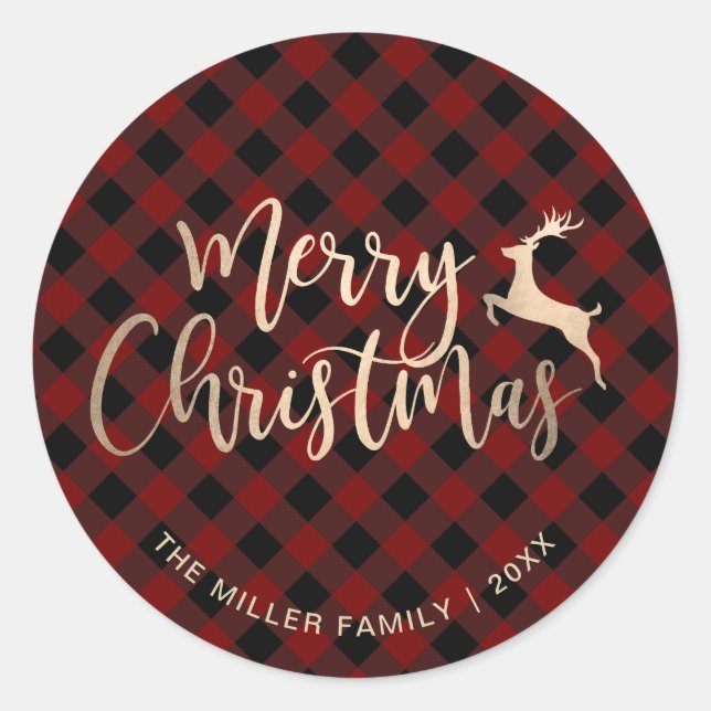Elegant Gold Merry Christmas Black & Red Plaid Classic Round Sticker (Front)