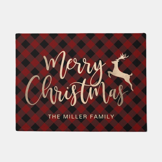 Elegant Gold Merry Christmas Black & Red Plaid Doormat (Front)