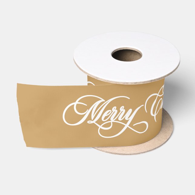 Elegant Gold Merry Christmas Calligraphy Holiday Satin Ribbon (Spool)