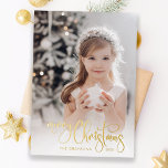 Elegant Gold Merry Christmas Calligraphy Photo Foil Holiday Card<br><div class="desc">Simple and elegant holiday greeting featuring your photo with an opaque white filter,  gold foil custom Merry Christmas calligraphy script and editable text fields.</div>