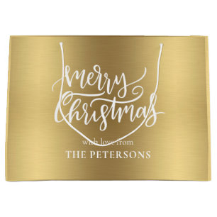 Elegant Gold Merry Christmas Calligraphy with Name Large Gift Bag