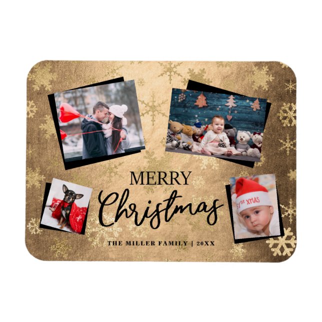 Elegant Gold Merry Christmas Custom Photo Collage Magnet (Horizontal)