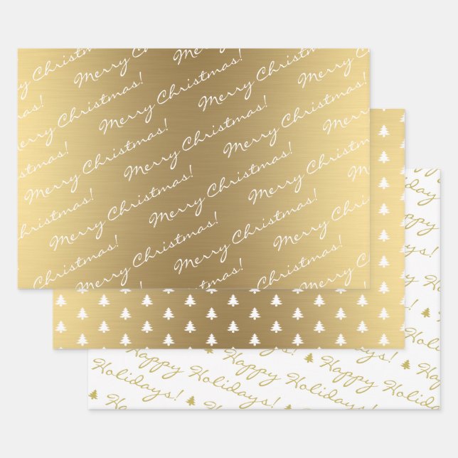 Elegant Gold Merry Christmas Happy Holidays text Wrapping Paper Sheet (Set)