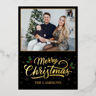 Elegant Gold Merry Christmas, Holly Berry Foil Holiday Card