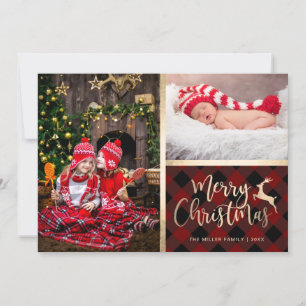 Elegant Gold Merry Christmas Plaid Custom Photo Holiday Card