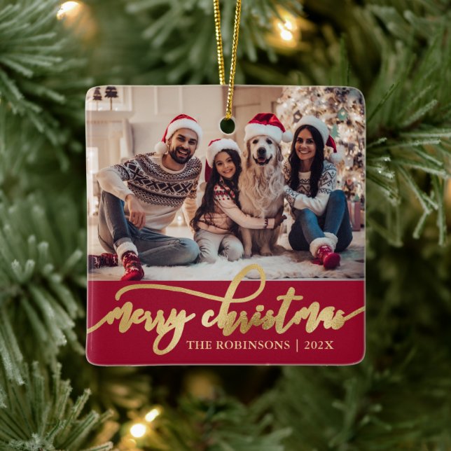 Elegant Gold Merry Christmas Script Photo Red  Ceramic Ornament (Tree)