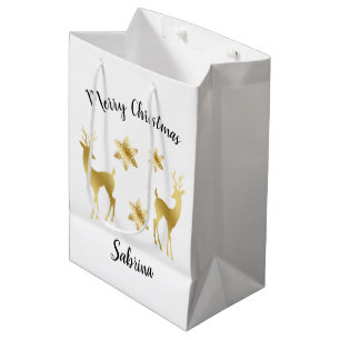 Elegant gold Merry Christmas snowflakes reindeers Medium Gift Bag