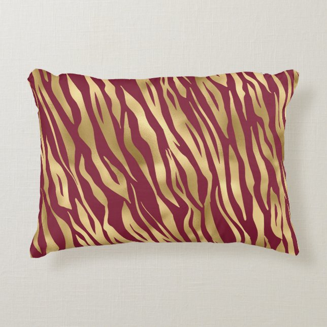 Elegant Gold Metallic Burgundy Tiger Pattern Accent Pillow (Front)