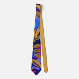 Elegant Gold Metallic Leaves Purple Blue Initials Tie