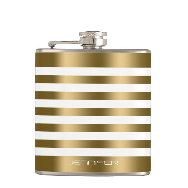 Elegant Gold Metallic Stripes White background Hip Flask (Front)