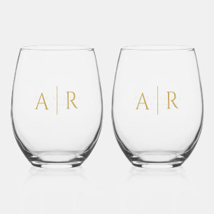 Elegant Gold Minimal Couple Initials Wedding Favou Stemless Wine Glass