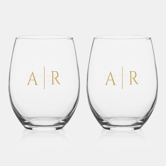 Elegant Gold Minimal Couple Initials Wedding Favou Stemless Wine Glass (Front)