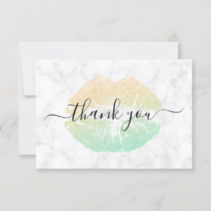 Elegant gold & mint glitter lips white marble thank you card