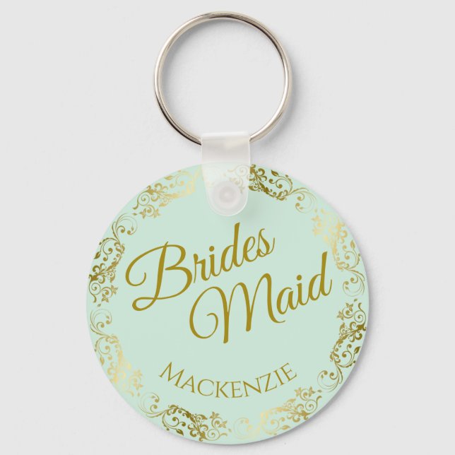 Elegant Gold & Mint Green Bridesmaid Wedding Keychain (Front)
