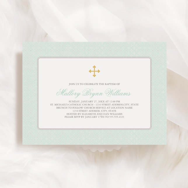 Elegant Gold Mint Green Cross Pattern Baby Baptism Invitation (Creator Uploaded)