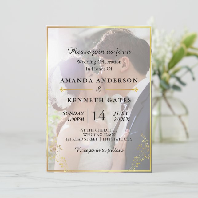 Elegant Gold Modern Photo Wedding Invitation (Standing Front)
