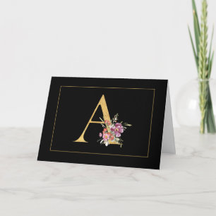 Elegant Gold Monogram A with Pink Flowers Note Card