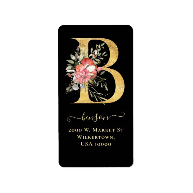 Elegant Gold Monogram B Floral Address Label (Front)