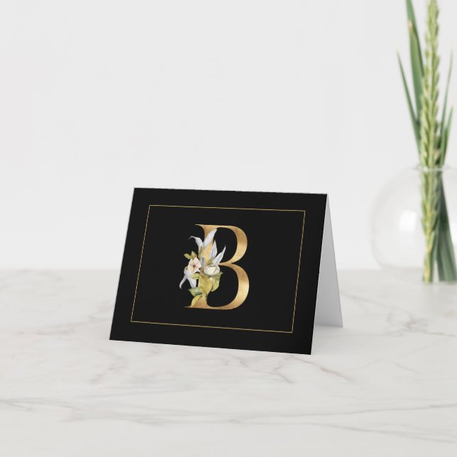 Elegant Gold Monogram B with Flowers Note Card (Front)