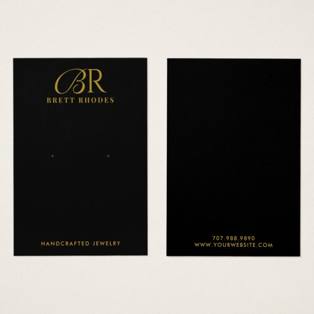 Elegant Gold Monogram Black Earring Display Card (Front & Back)